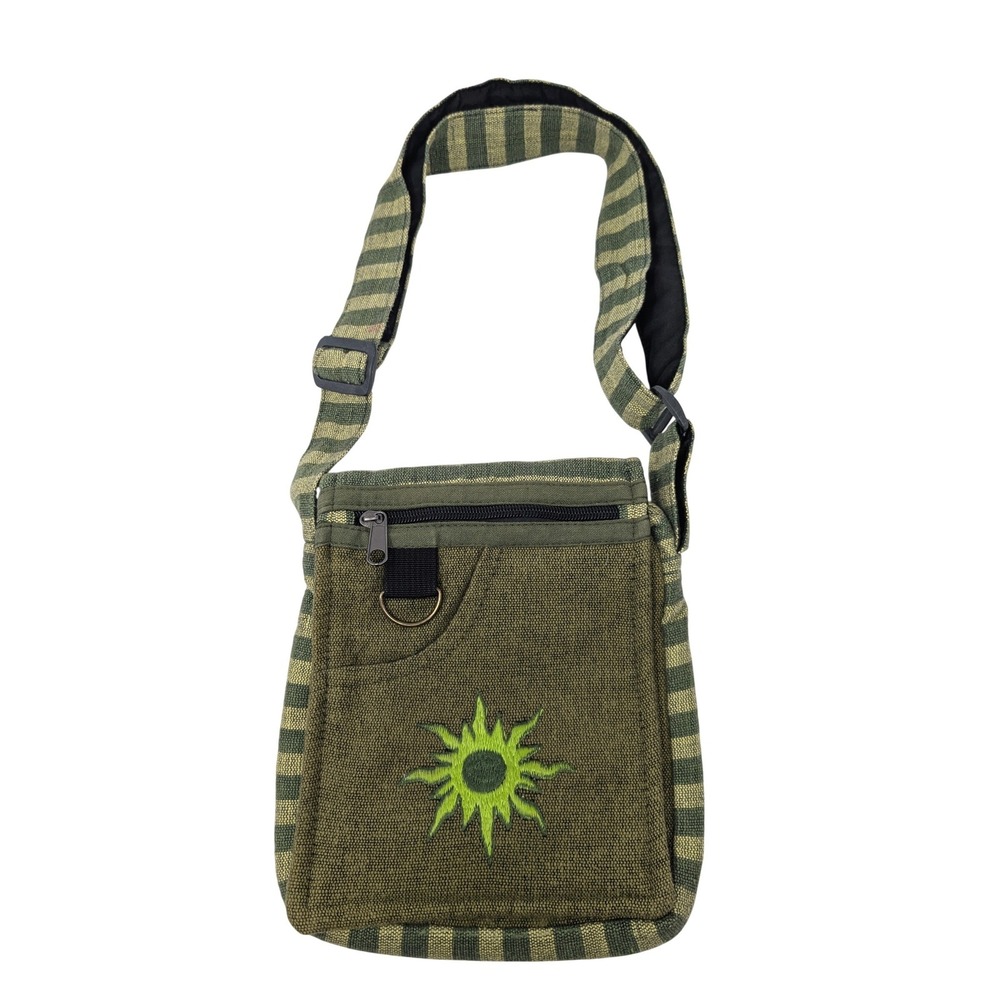 Crossbody Bag Striped Sun Patch Nepal Green Cotton Boho Hippie Festival Utility